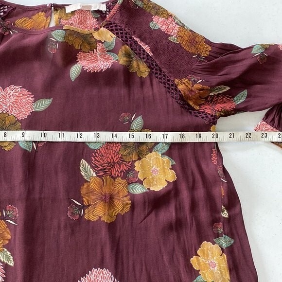 LOFT Burgundy Floral Long Sleeve Key Hole Back Blouse Ruched Crochet Lace Flowy - Picture 9 of 15